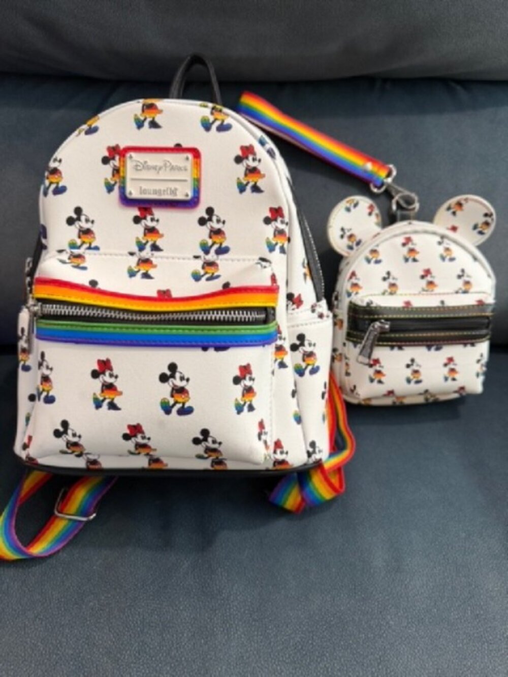 Disney Parks Loungefly Rainbow Pride Mickey Minnie Mouse Backpack and Mini